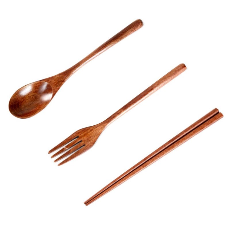 Wooden Spoon, Fork, and Chopstick Set - Three-piece set made of nanmu wood with lacquer and thread wrapping; convenient cloth bag for tableware.